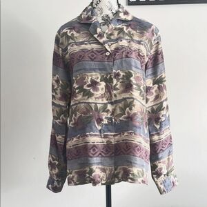 Vintage 90s Silk Blue Purple & green floral romantic cottage Blouse Medium
